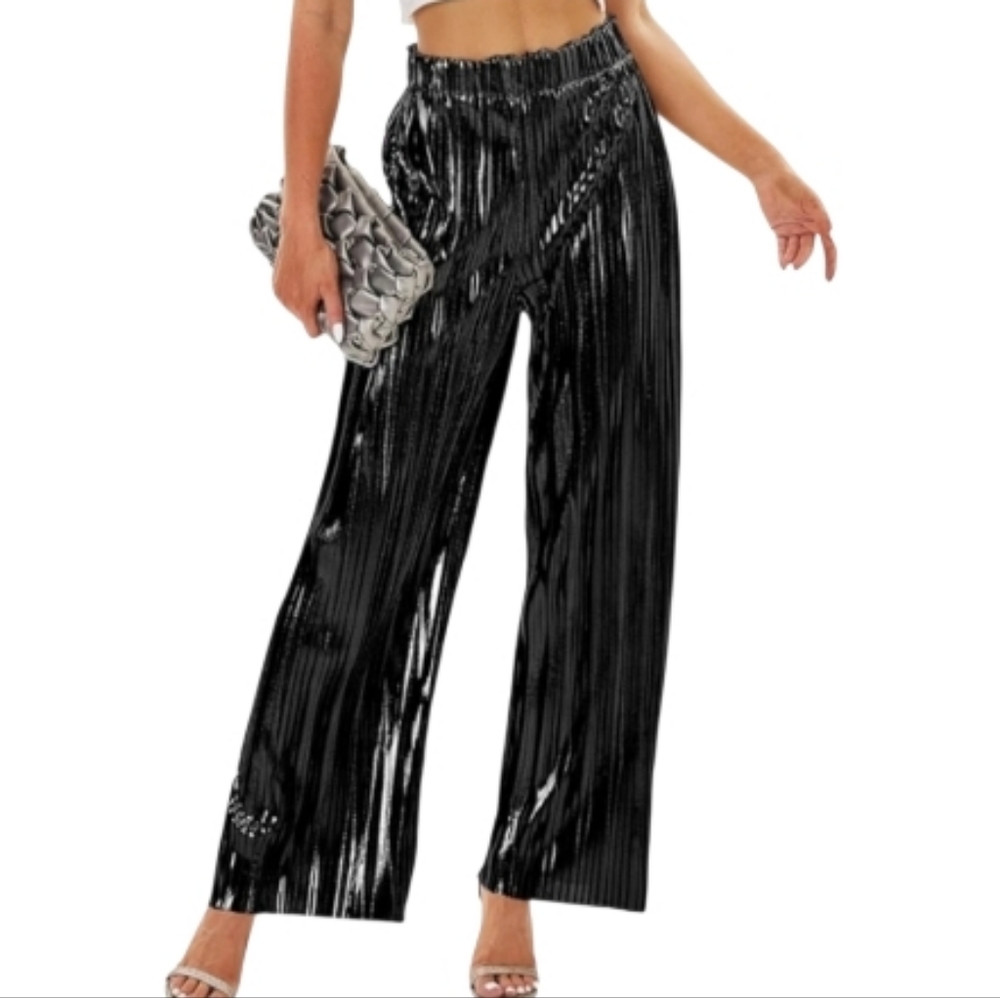 SALE Heipeiwa Black Plisse Pleated Shimmer Wide Leg Trouser Pants Metallic S NWT